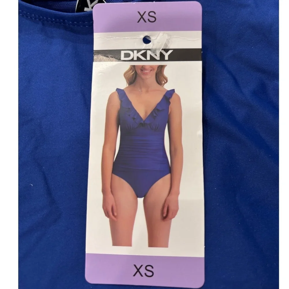 NWT SIZE XS DKNY One‎ Piece Swimsuit Women Blue Ruffle Tummy Control 1943727 - Picture 5 of 9